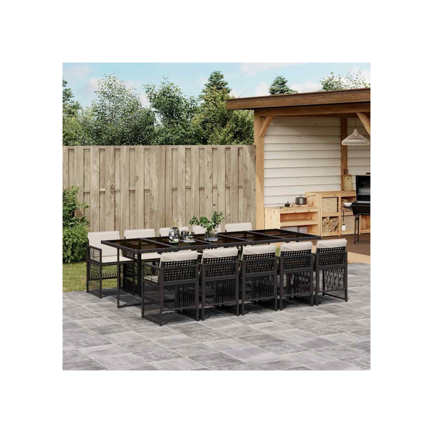 Ensemble à manger de jardin 11 pcs coussins noir résine tressée