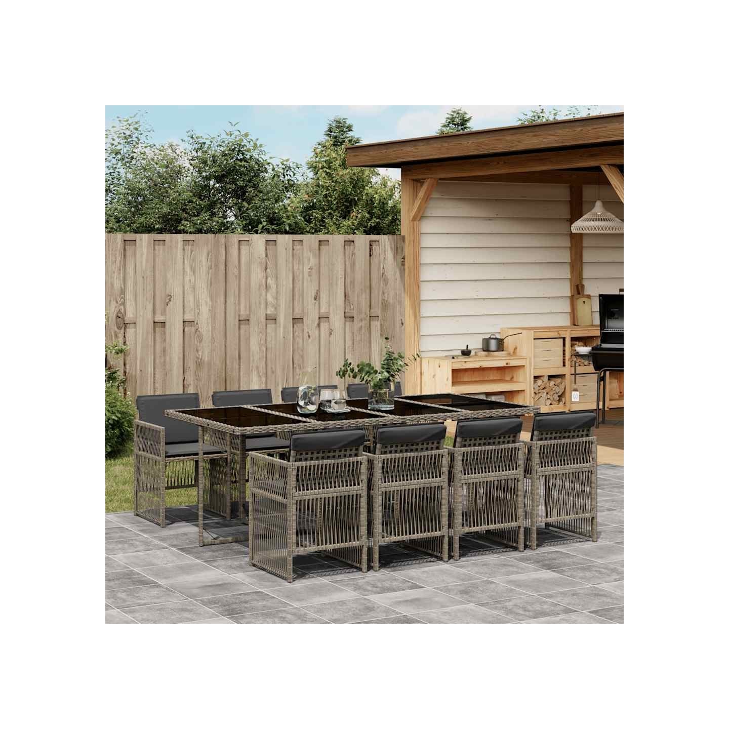Ensemble à manger de jardin 9 pcs coussins gris résine tressée