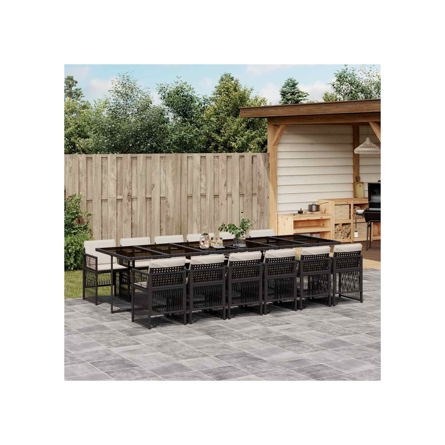 Ensemble à manger de jardin 13 pcs coussins noir résine tressée