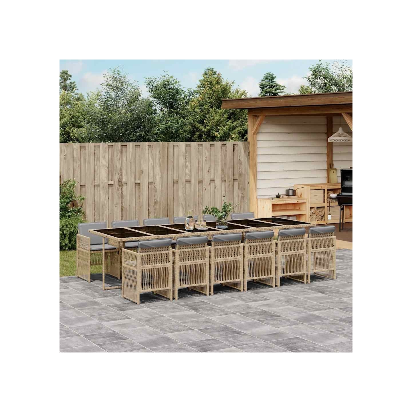 Ensemble à manger de jardin coussins 13 pcs mélange beige rotin
