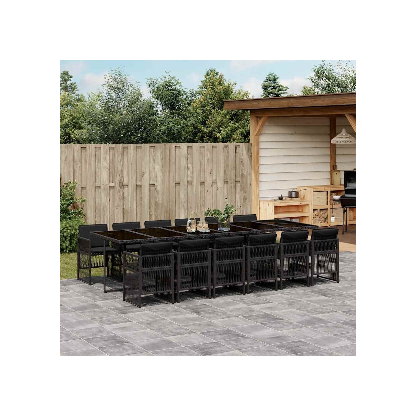 Ensemble à manger de jardin 13 pcs coussins noir résine tressée