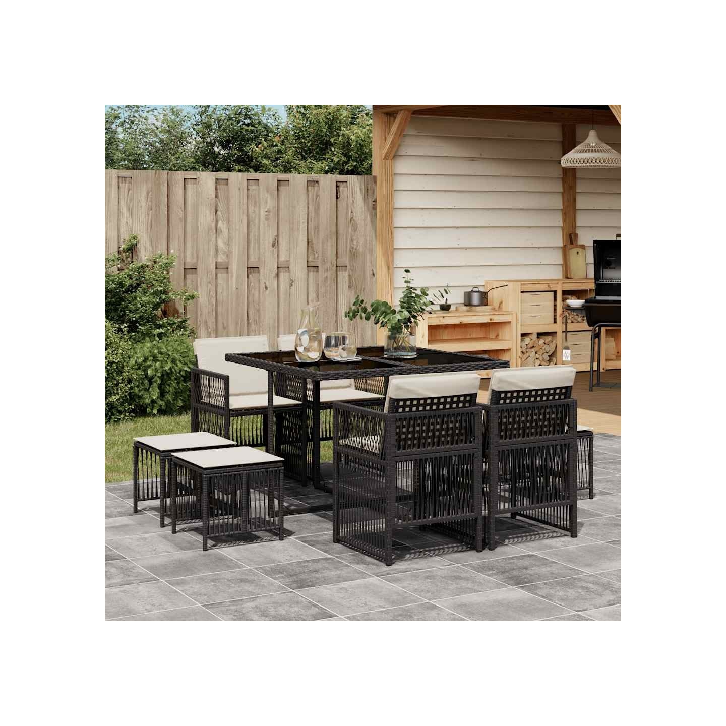 Ensemble à manger de jardin 9pcs coussins noir résine tressée
