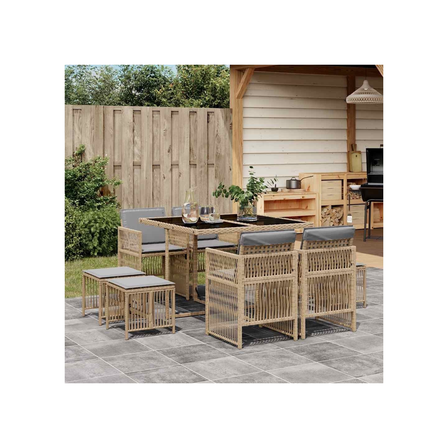 Ensemble à manger de jardin et coussins 9 pcs mélange beige