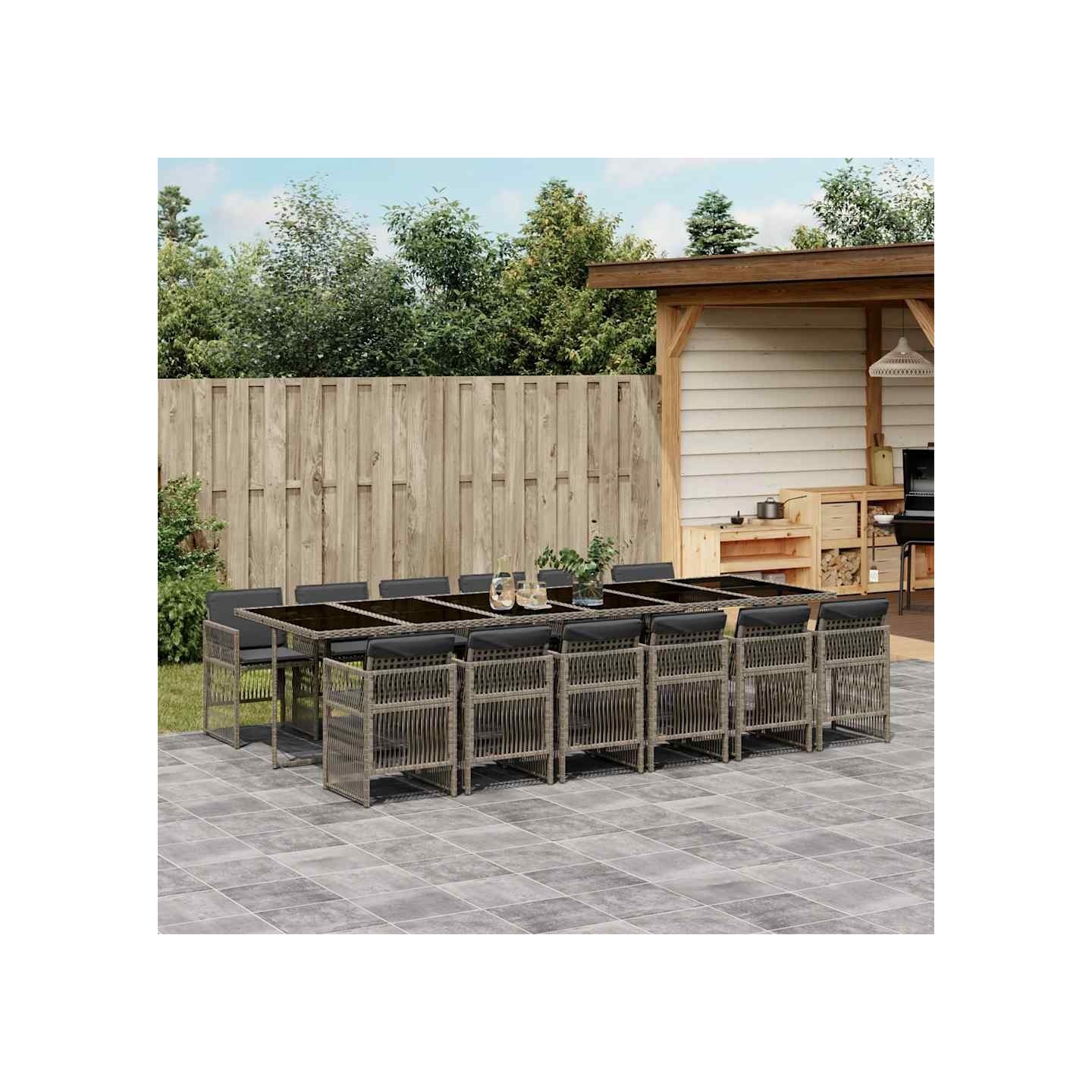 Ensemble à manger de jardin coussins 13 pcs gris résine tressée