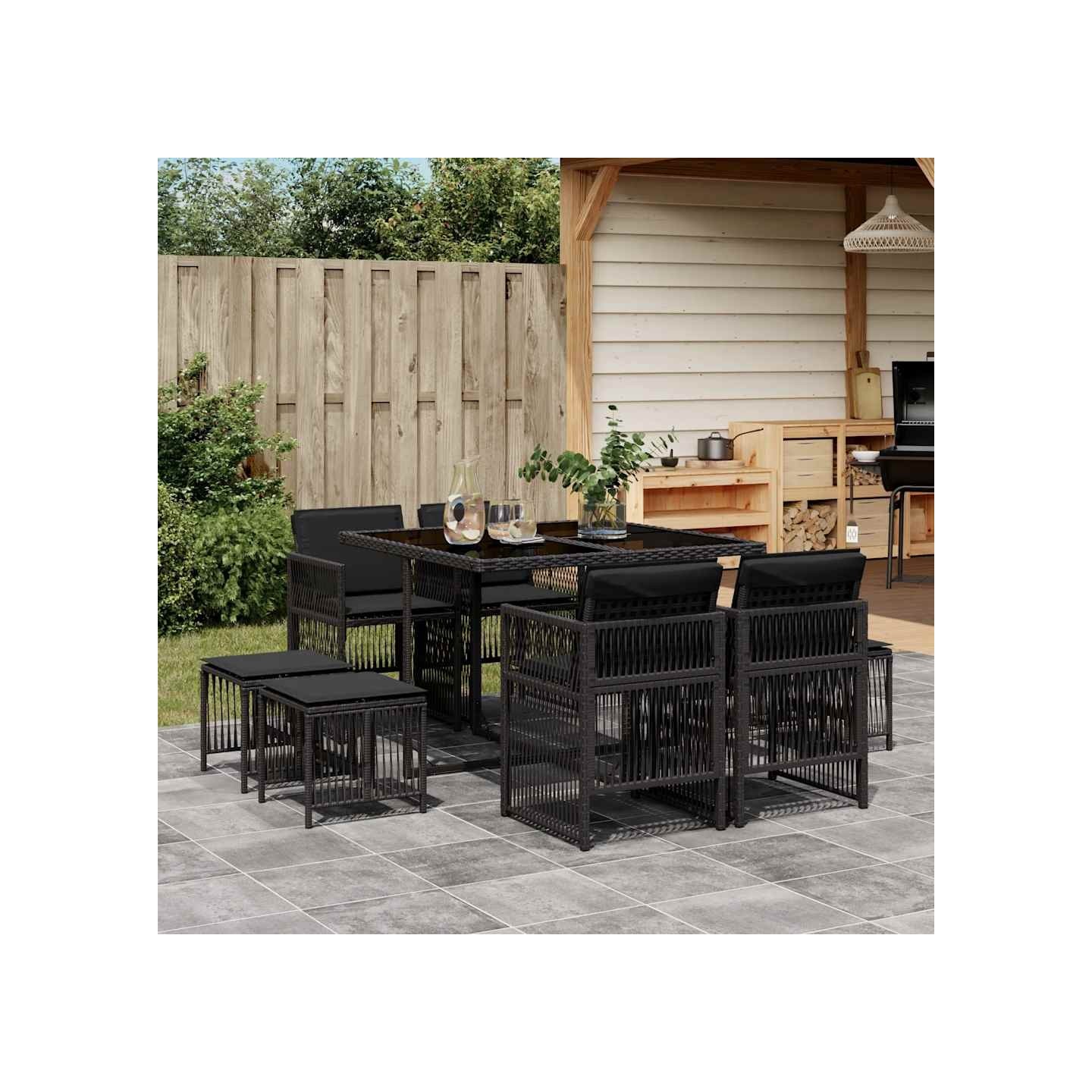 Ensemble à manger de jardin 9pcs coussins noir résine tressée