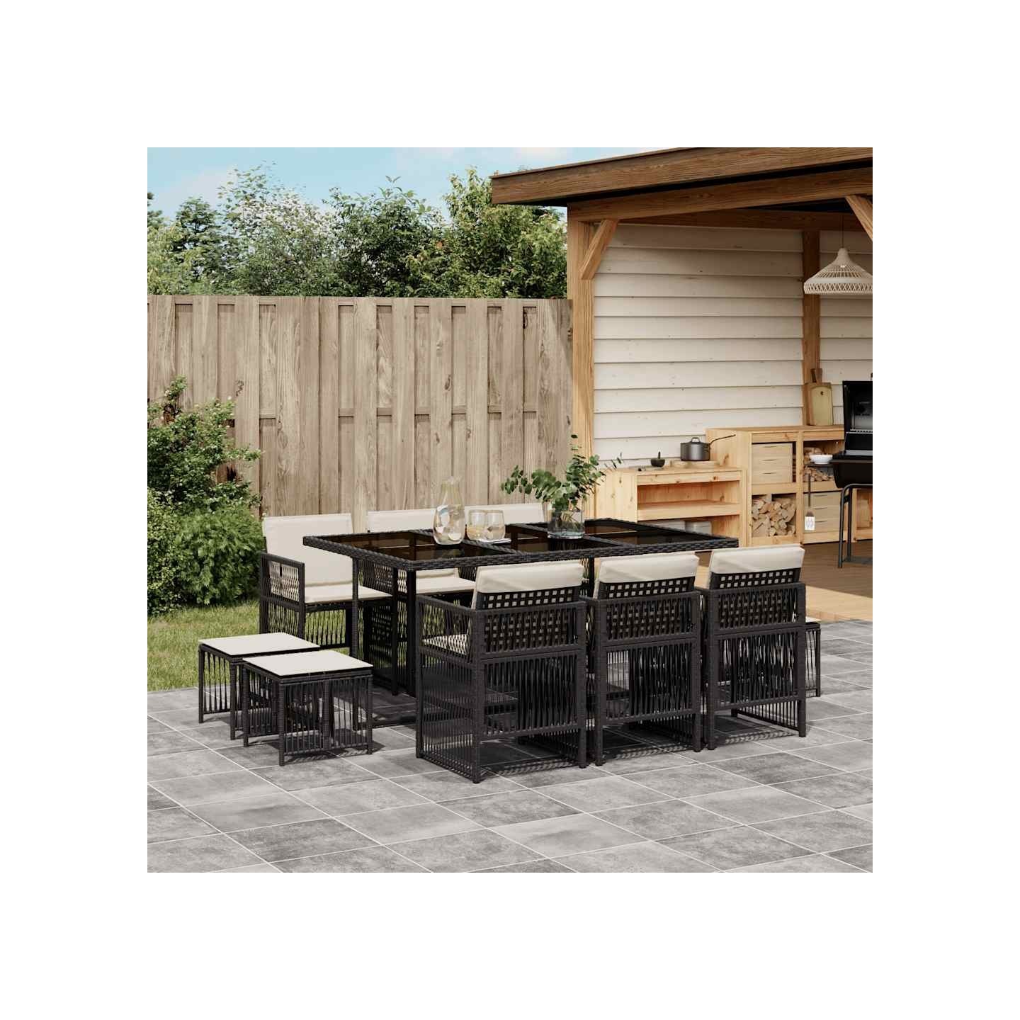 Ensemble à manger de jardin 11 pcs coussins noir résine tressée