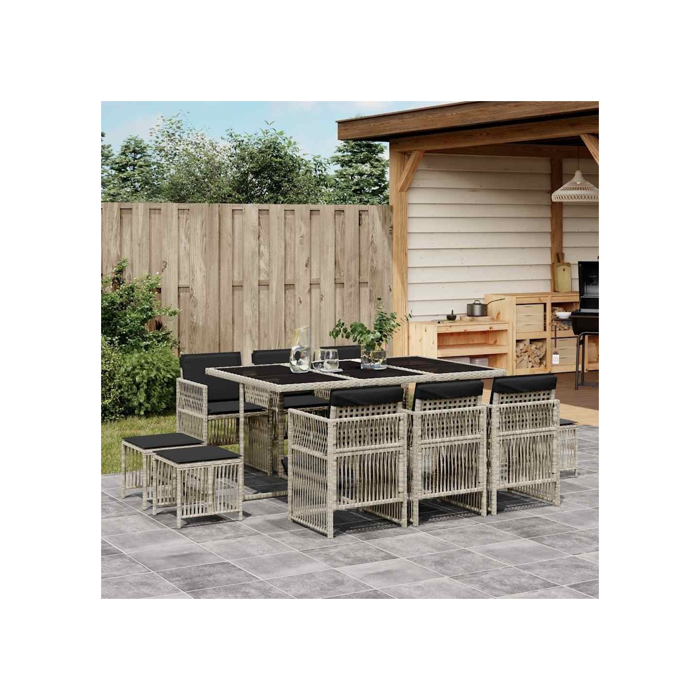 Ensemble à manger de jardin 11pcs avec coussins gris poly rotin