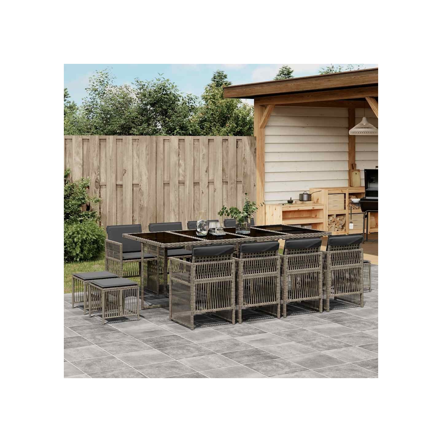 Ensemble à manger de jardin coussins 13 pcs gris résine tressée