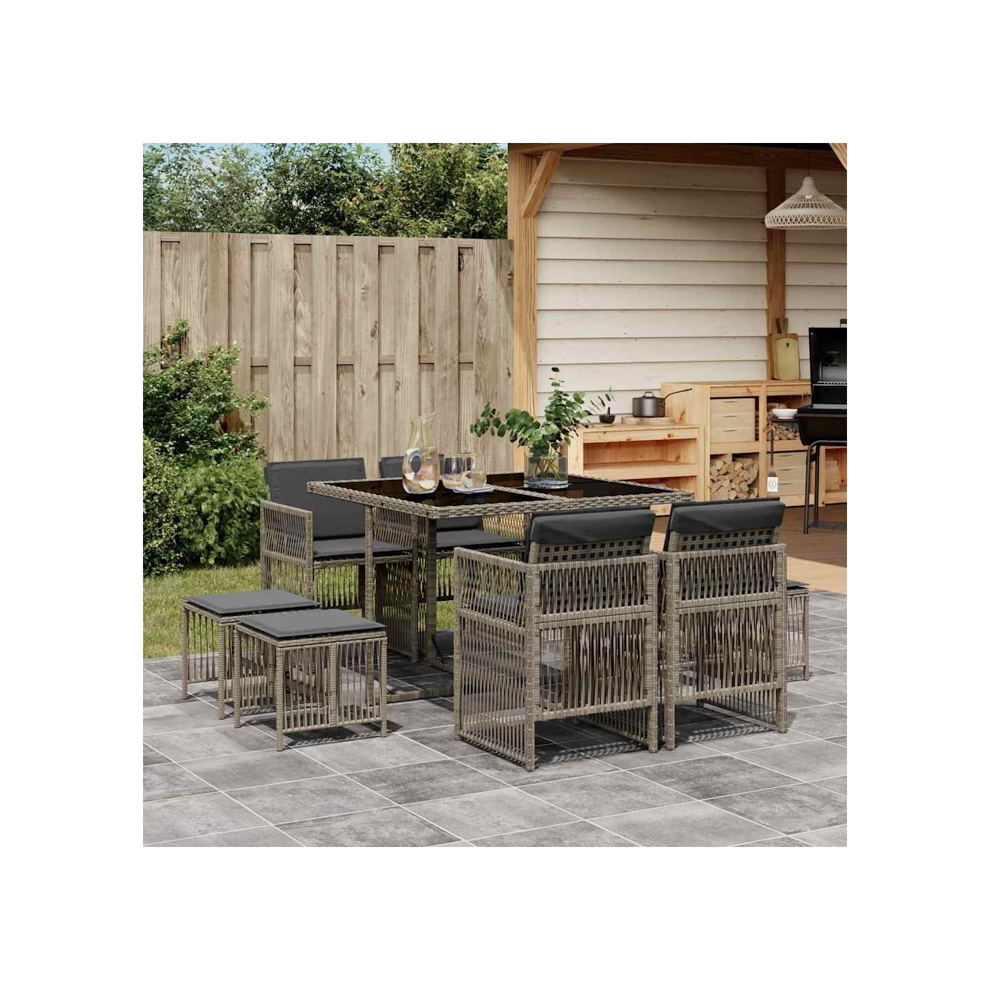 Ensemble à manger de jardin 9 pcs coussins gris résine tressée