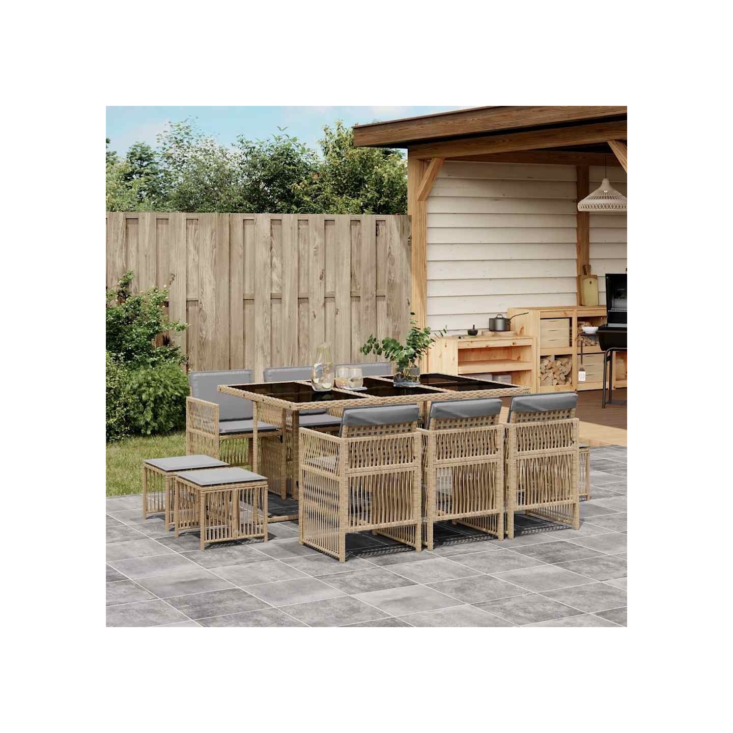 Ensemble à manger de jardin et coussins 11 pcs mélange beige