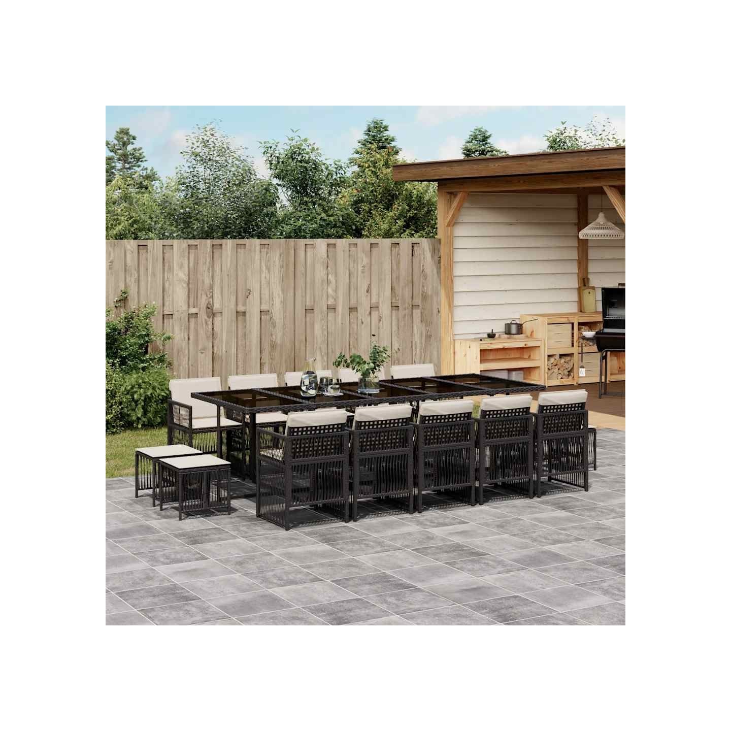 Ensemble à manger de jardin 15 pcs coussins noir résine tressée