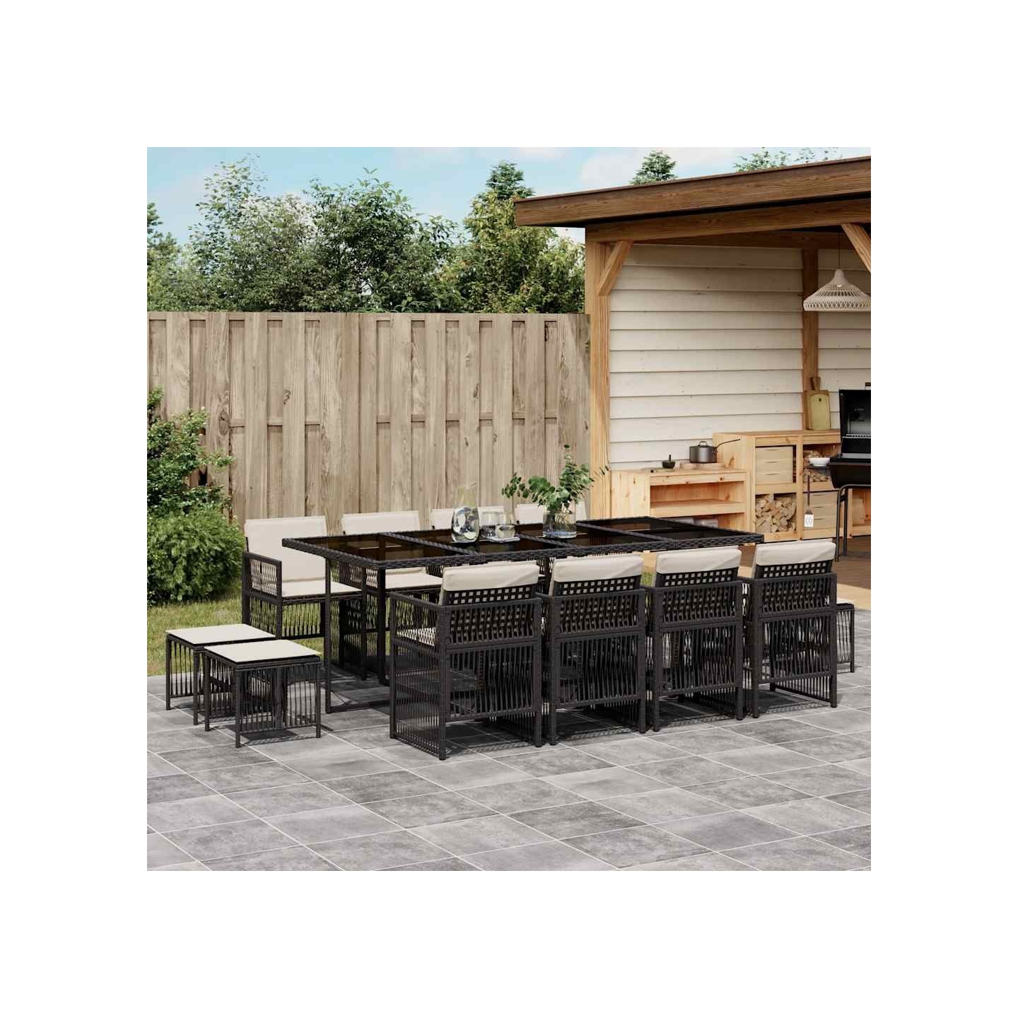 Ensemble à manger de jardin 13 pcs coussins noir résine tressée