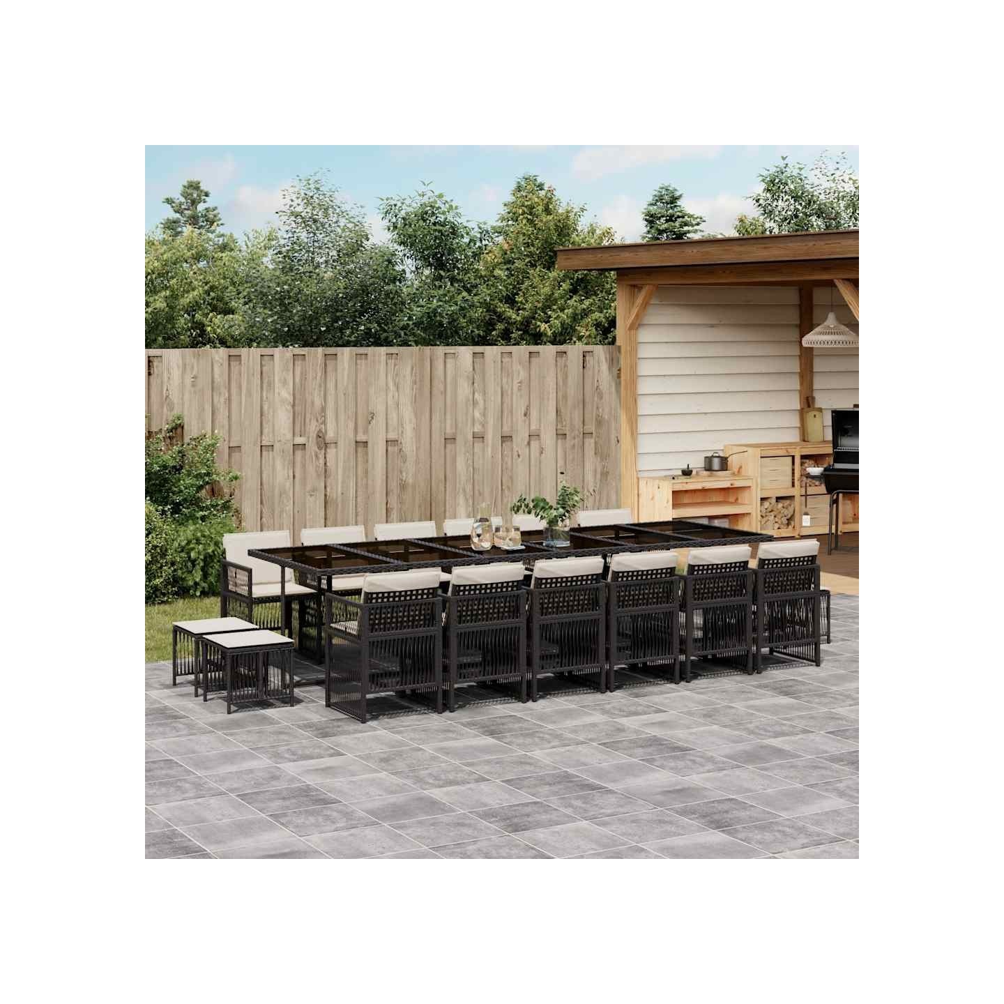 Ensemble à manger de jardin 17 pcs coussins noir résine tressée