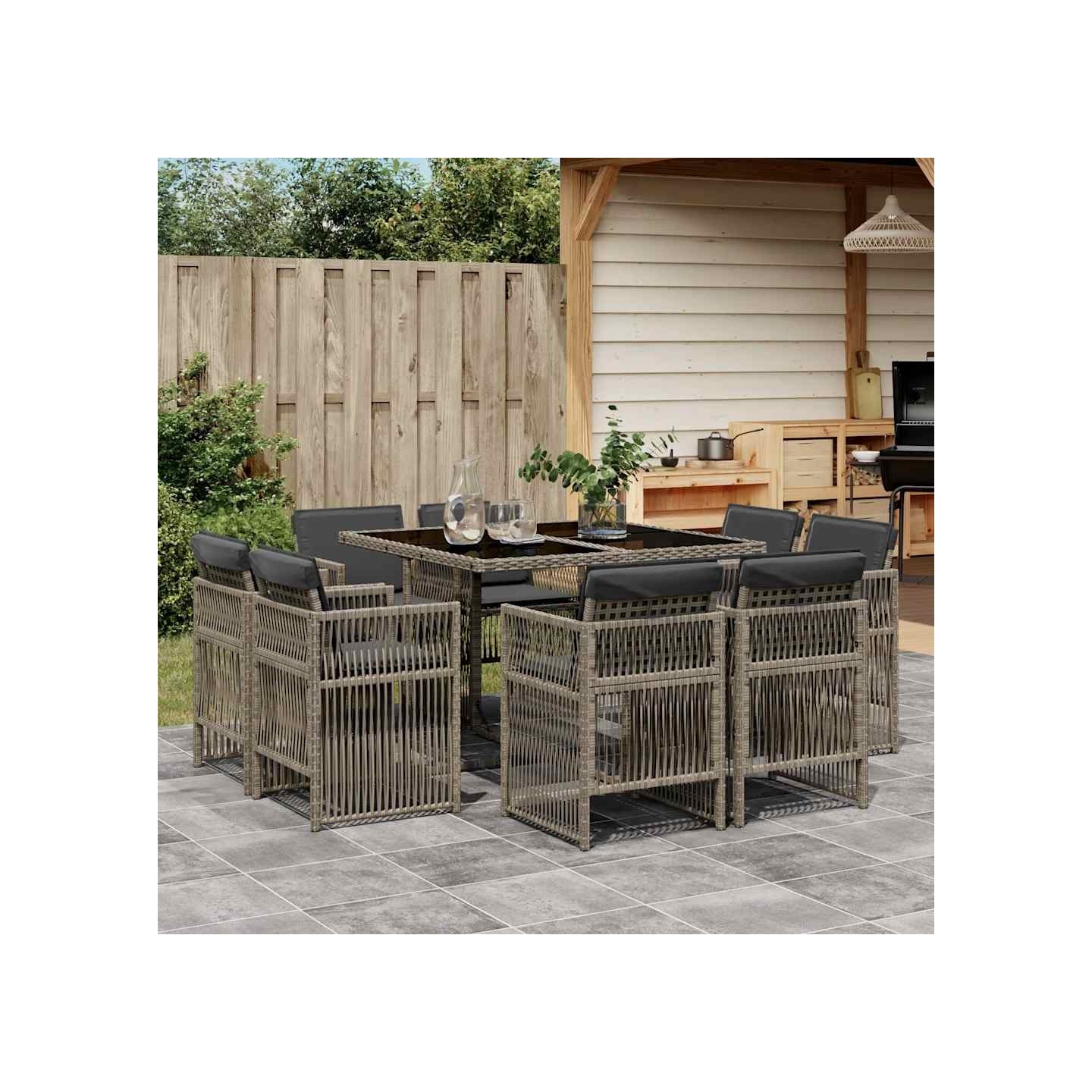 Ensemble à manger de jardin 9 pcs coussins gris résine tressée
