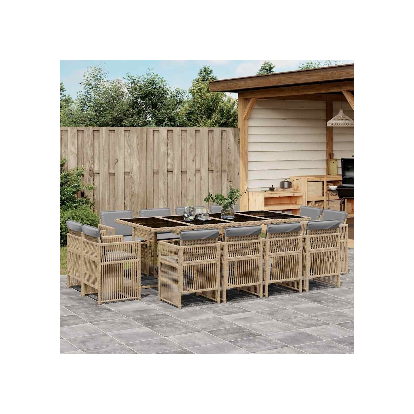 Ensemble à manger de jardin coussins 13 pcs mélange beige rotin