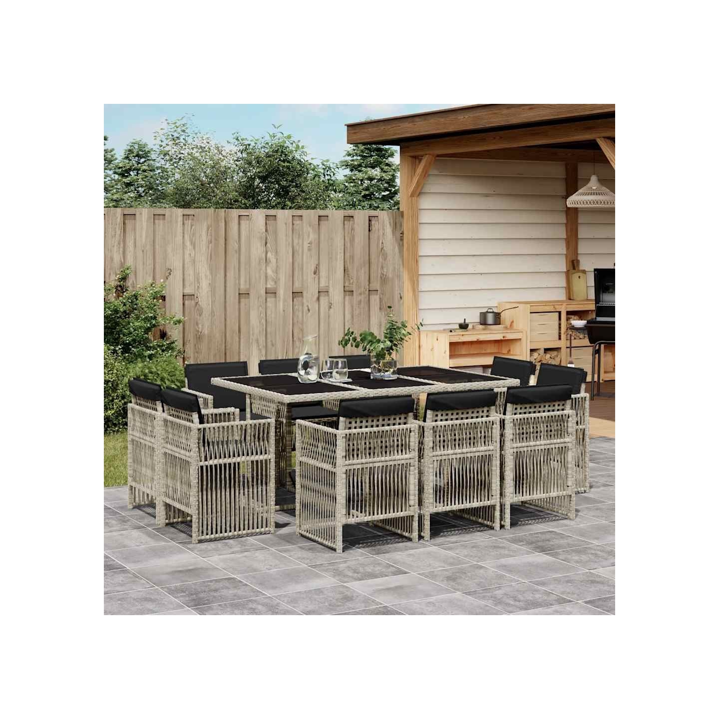Ensemble à manger de jardin 11pcs avec coussins gris poly rotin