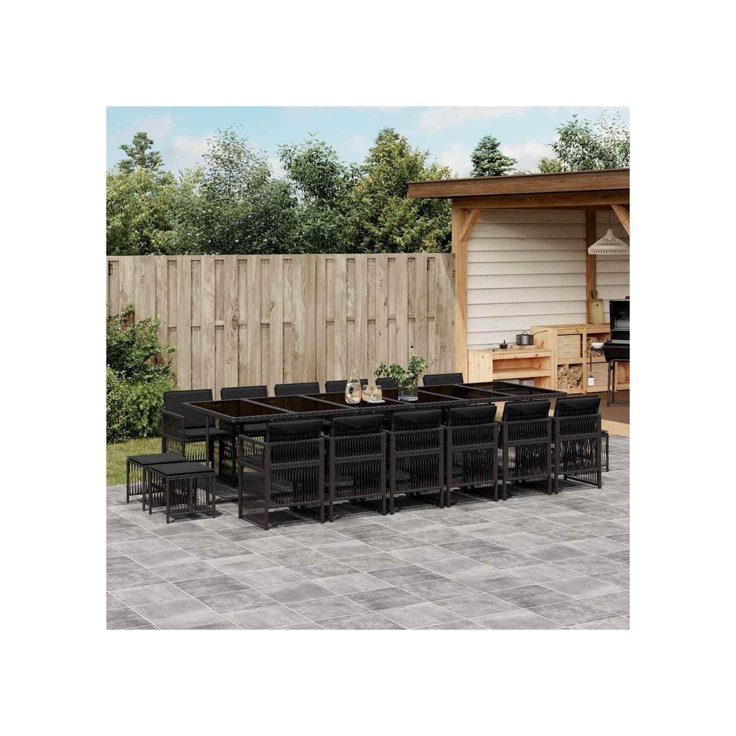 Ensemble à manger de jardin 17 pcs coussins noir résine tressée