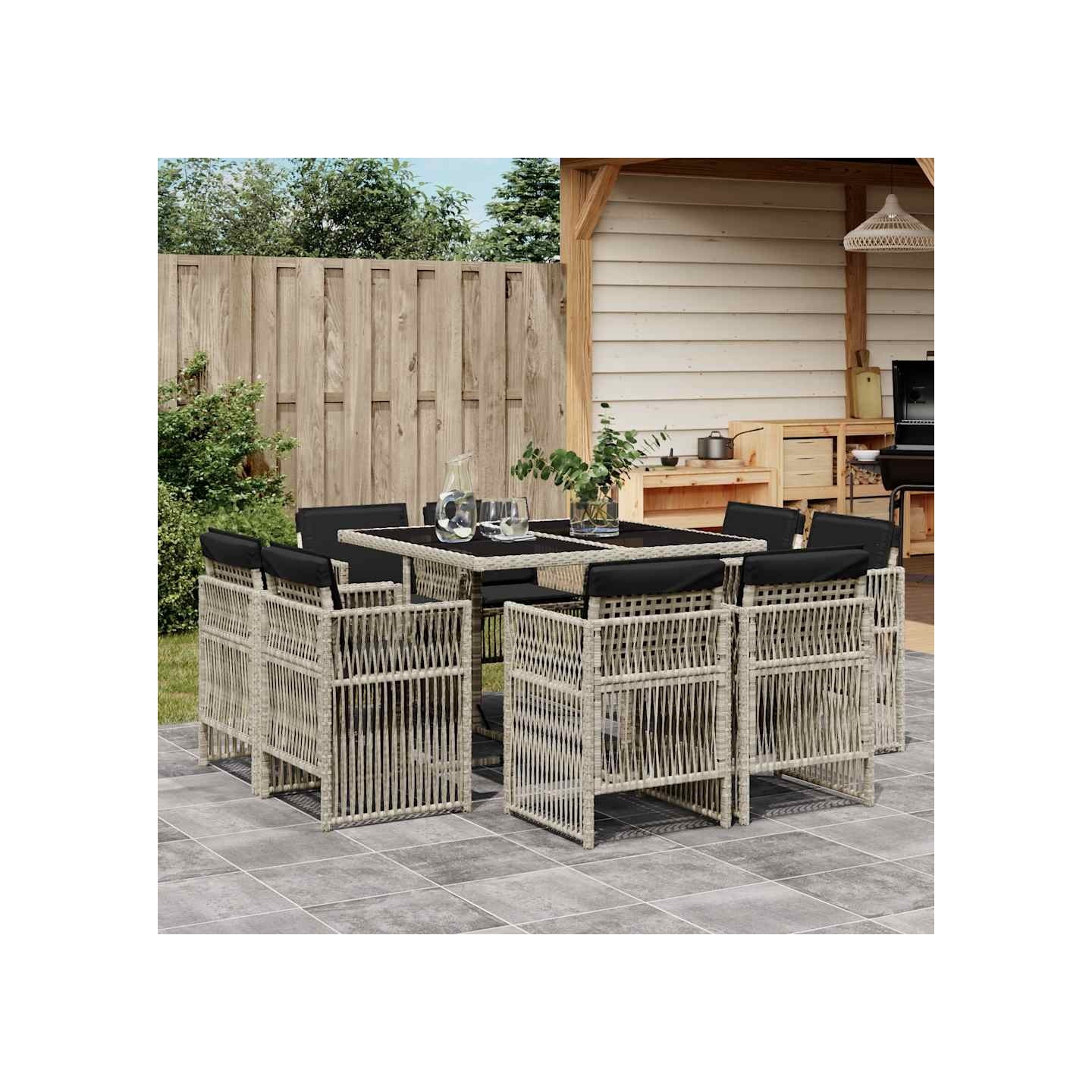 Ensemble à manger de jardin et coussins 9 pcs gris clair rotin