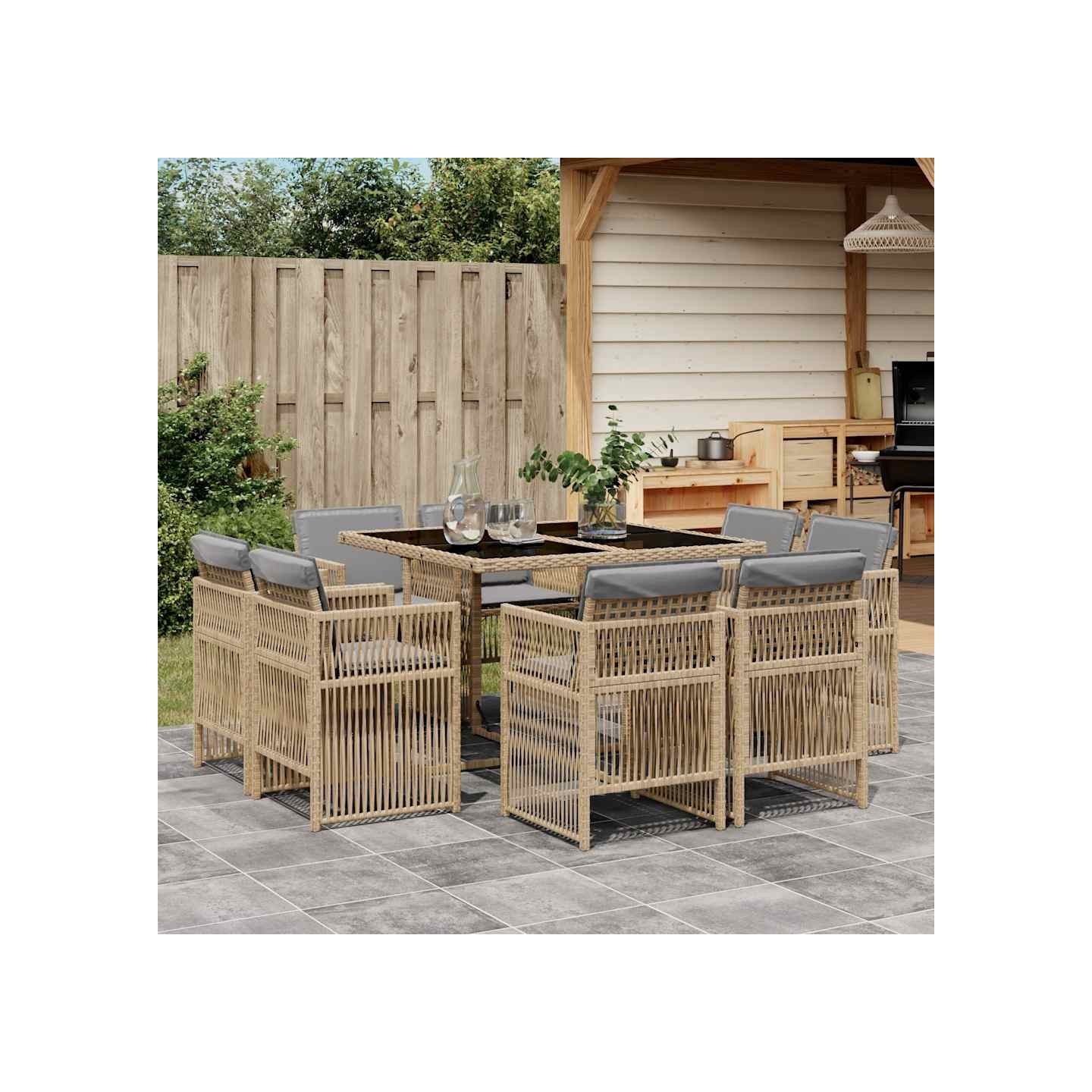 Ensemble à manger de jardin et coussins 9 pcs mélange beige