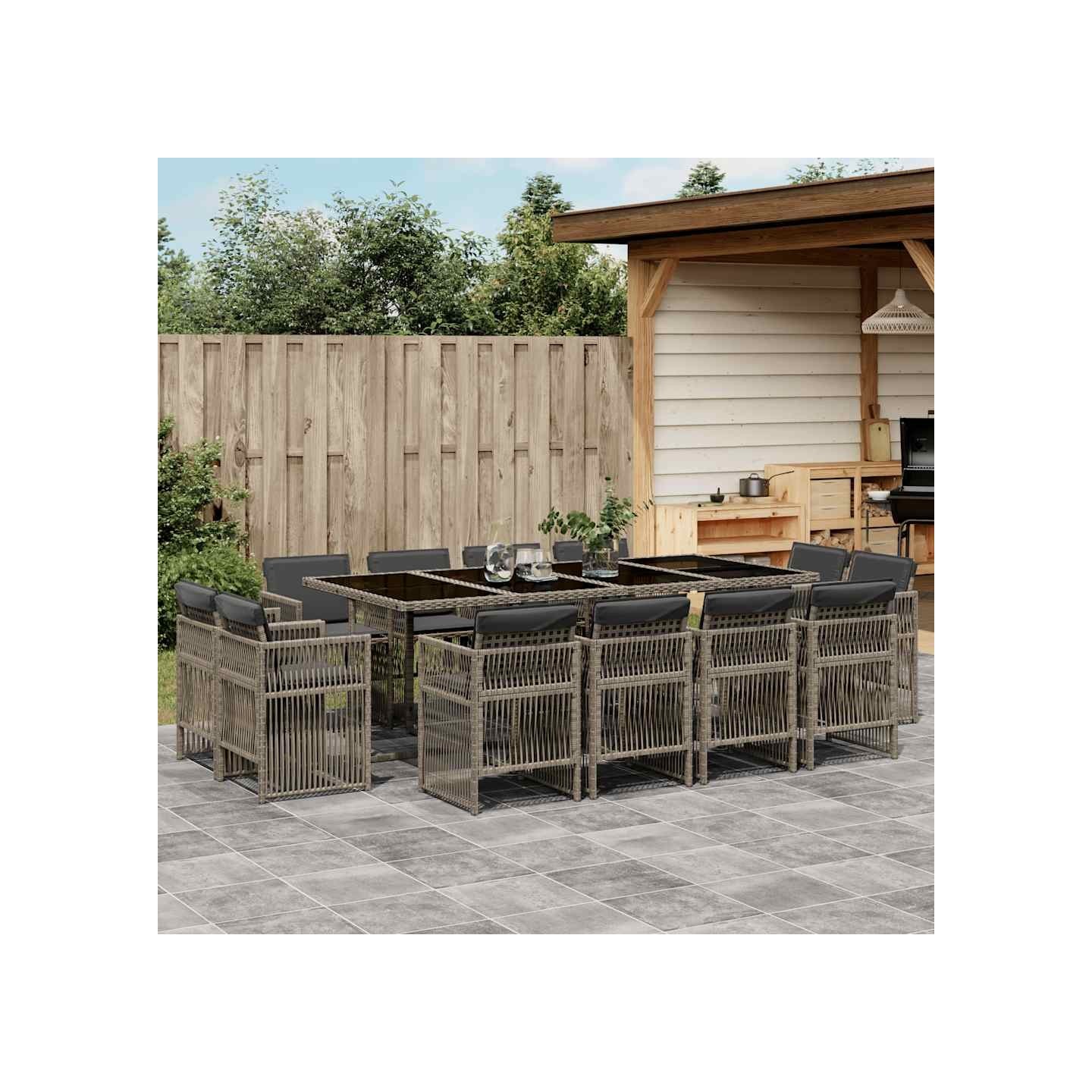 Ensemble à manger de jardin coussins 13 pcs gris résine tressée