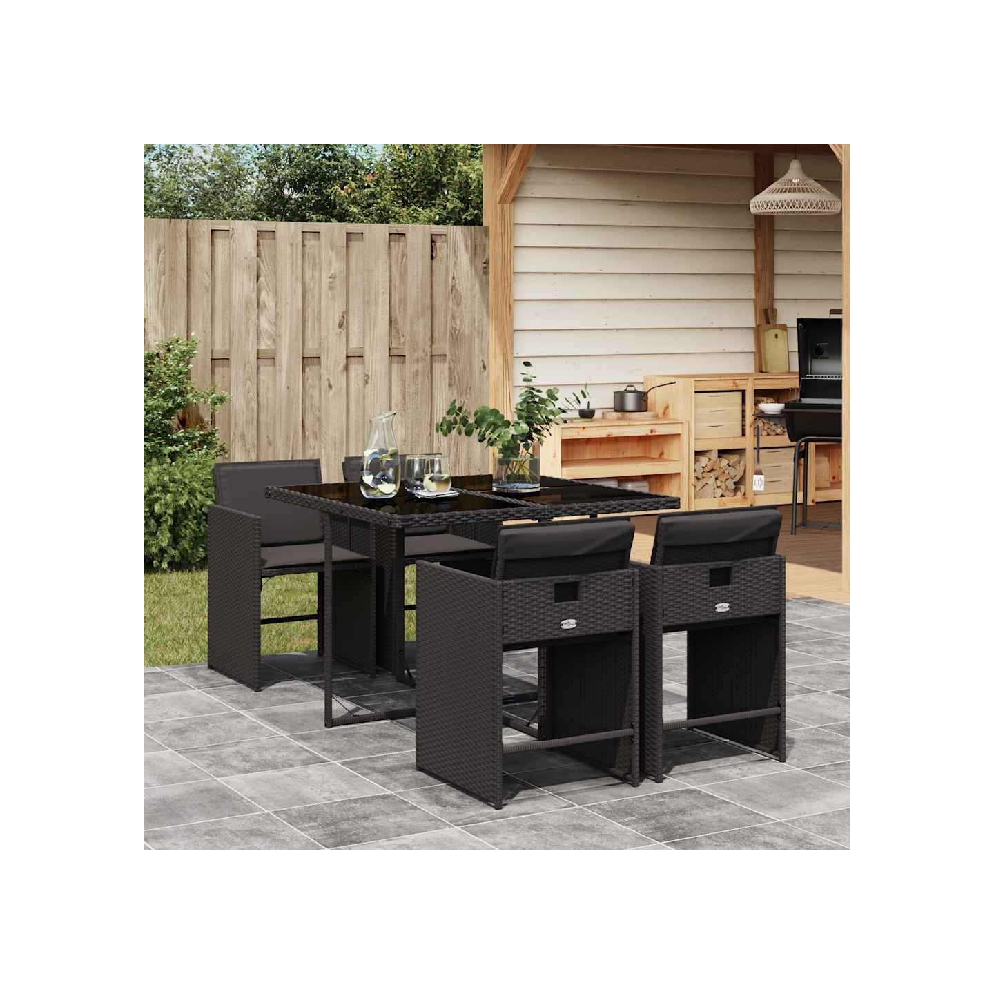 Ensemble à manger de jardin coussins 5pcs Noir Résine tressée