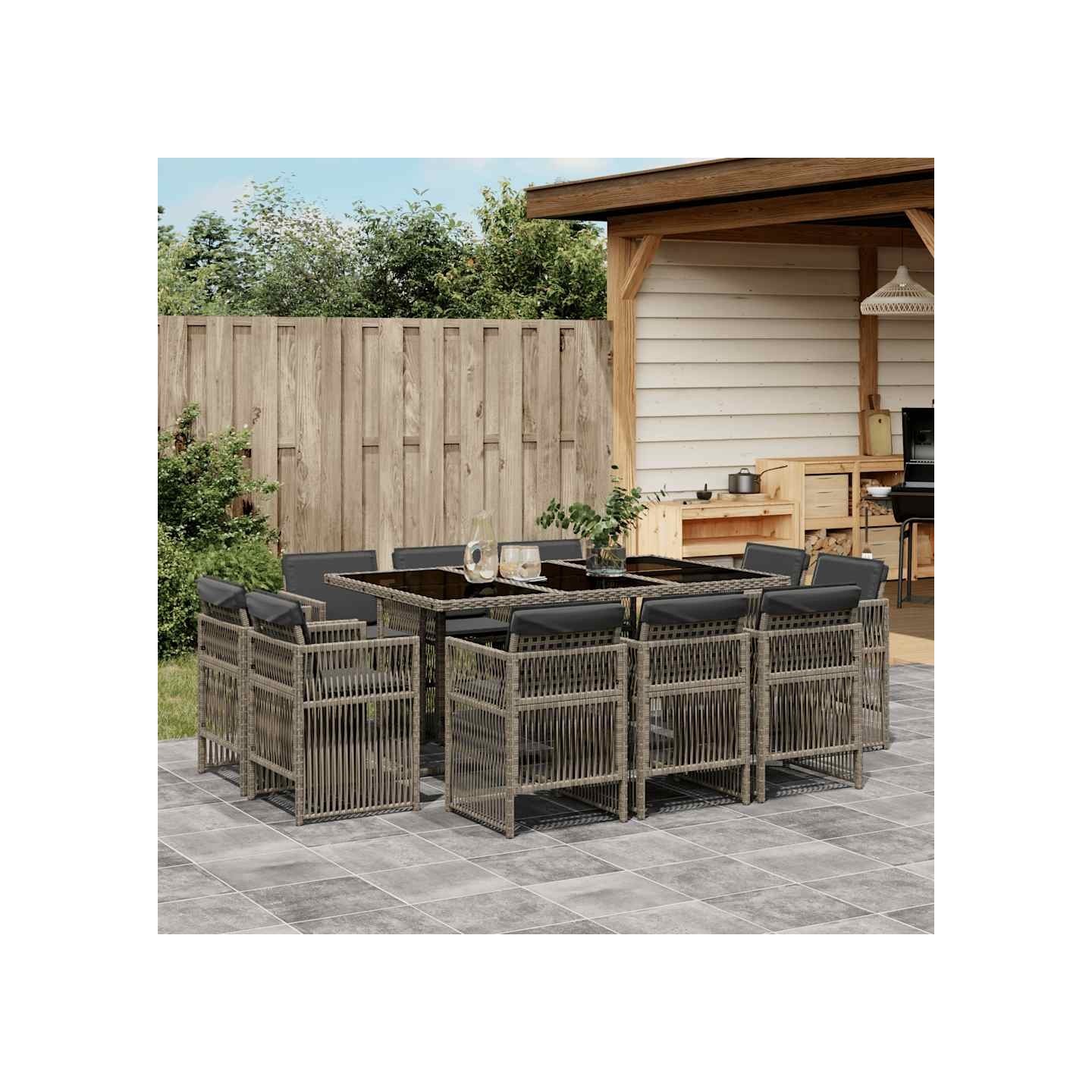 Ensemble à manger de jardin 11pcs avec coussins gris poly rotin
