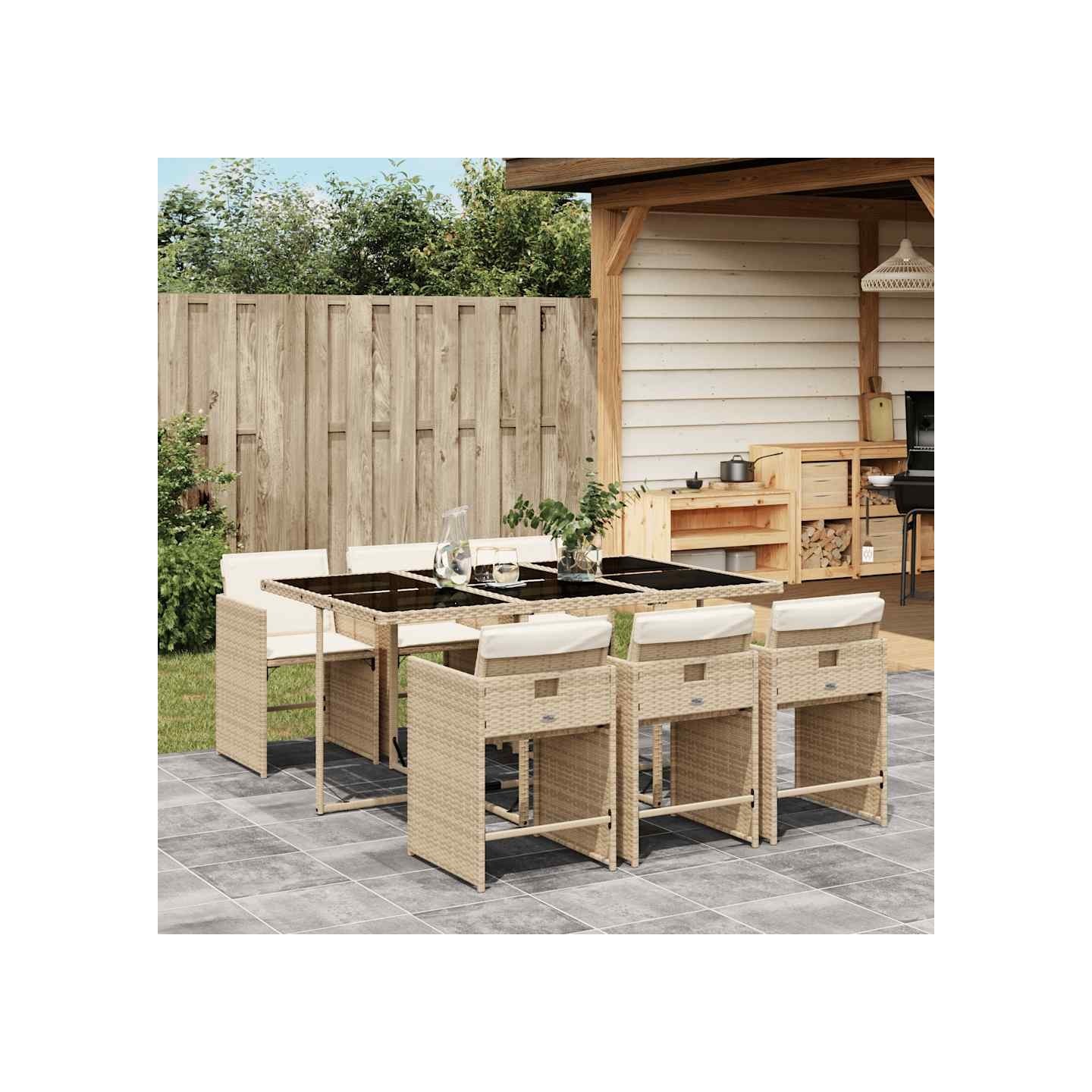 Ensemble à manger de jardin et coussins 7 pcs beige poly rotin