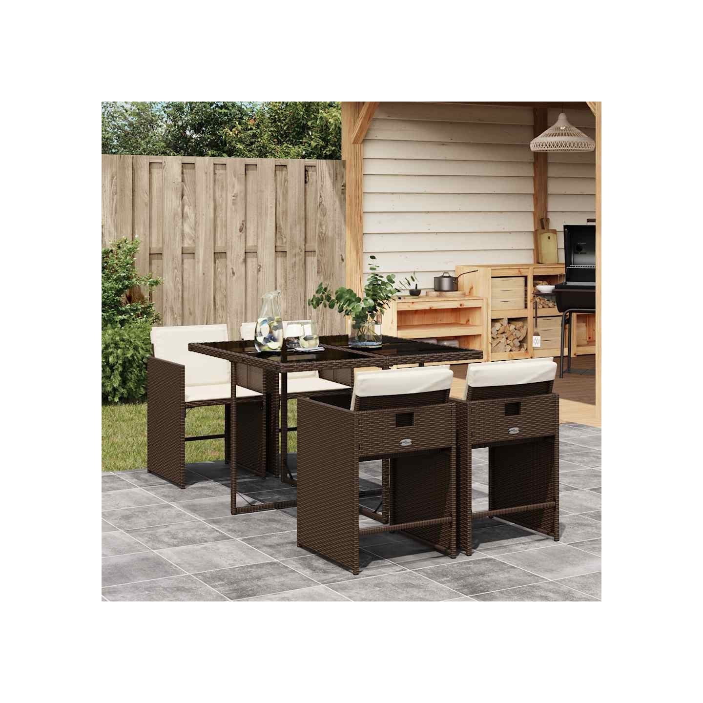 Ensemble à manger de jardin 5 pcs et coussins marron poly rotin