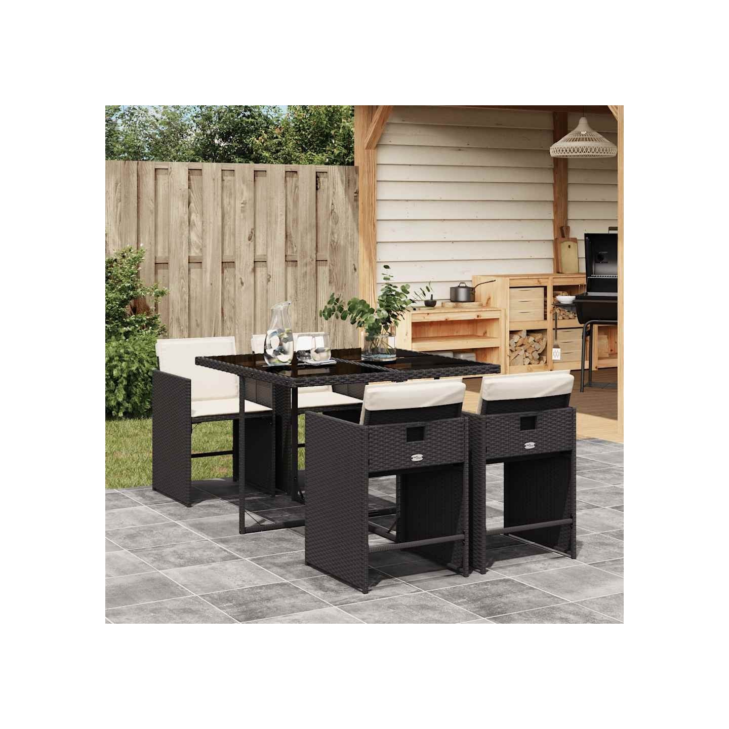 Ensemble à manger de jardin coussins 5pcs Noir Résine tressée