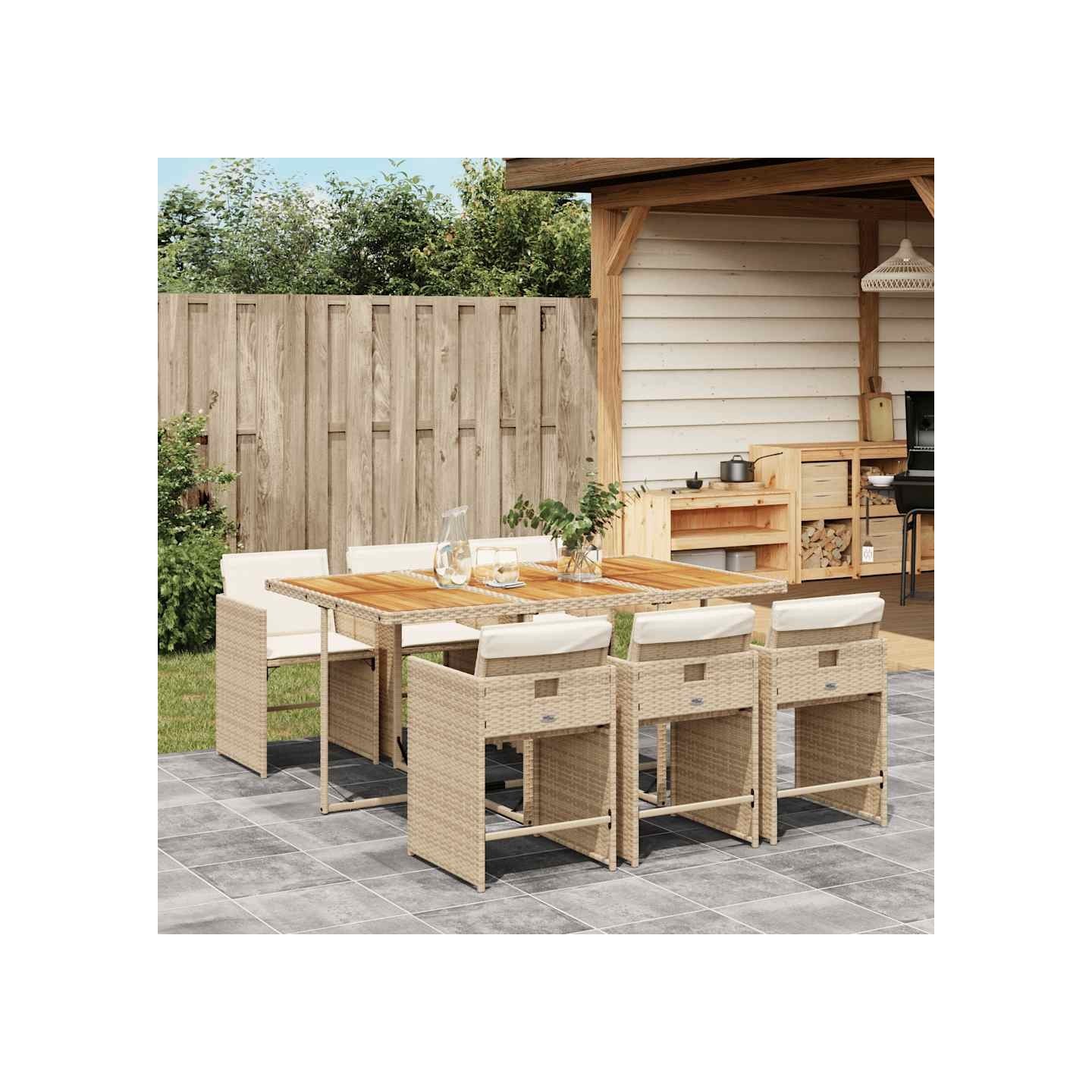 Ensemble à manger de jardin et coussins 7 pcs beige poly rotin