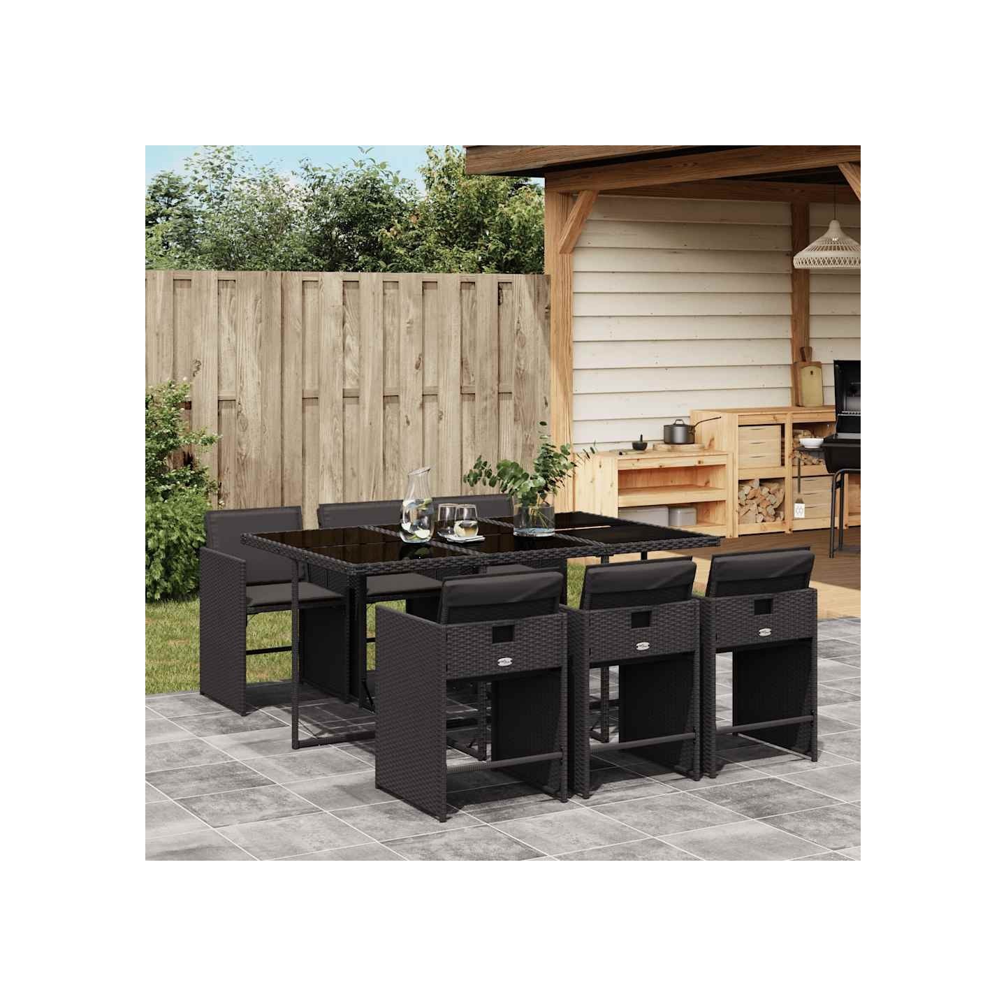 Ensemble à manger de jardin coussins 7pcs Noir Résine tressée