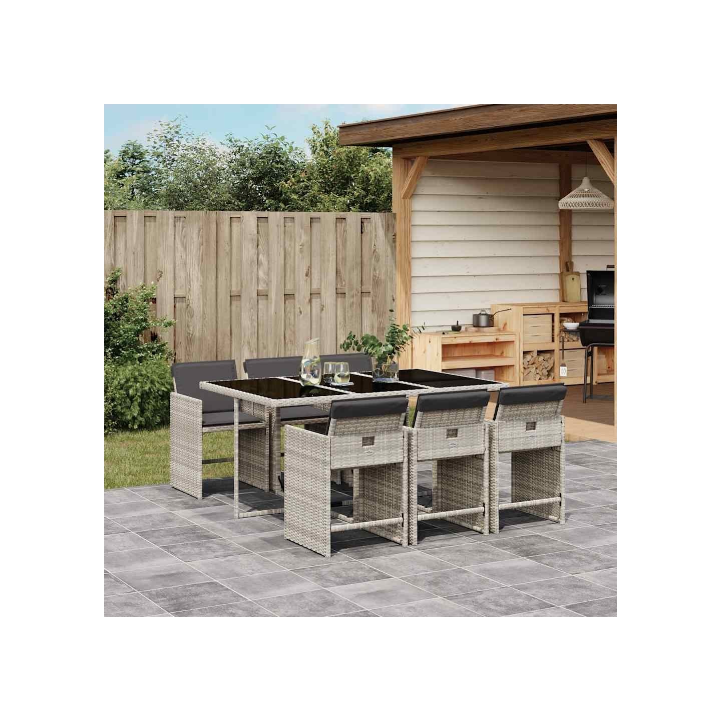 Ensemble à manger de jardin et coussins 7 pcs gris clair rotin