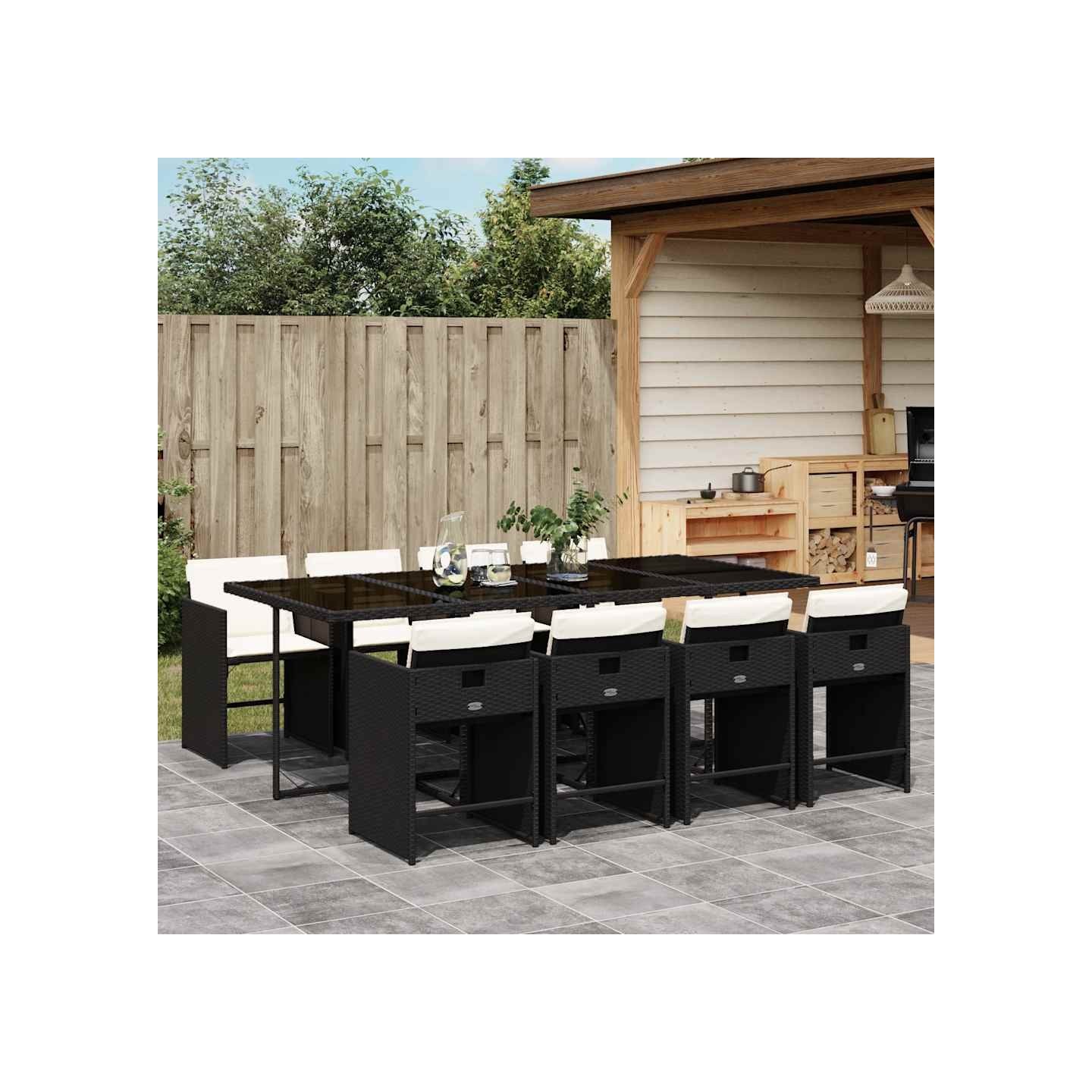 Ensemble à manger de jardin 9pcs coussins noir résine tressée