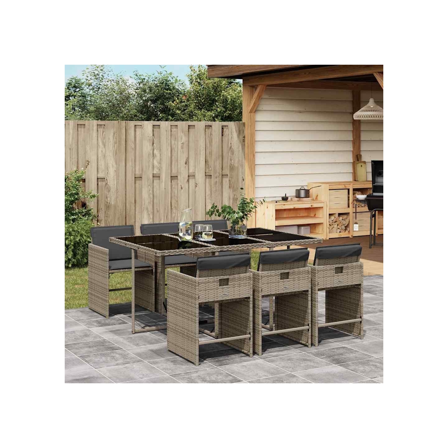 Ensemble à manger de jardin et coussins 7 pcs gris rotin