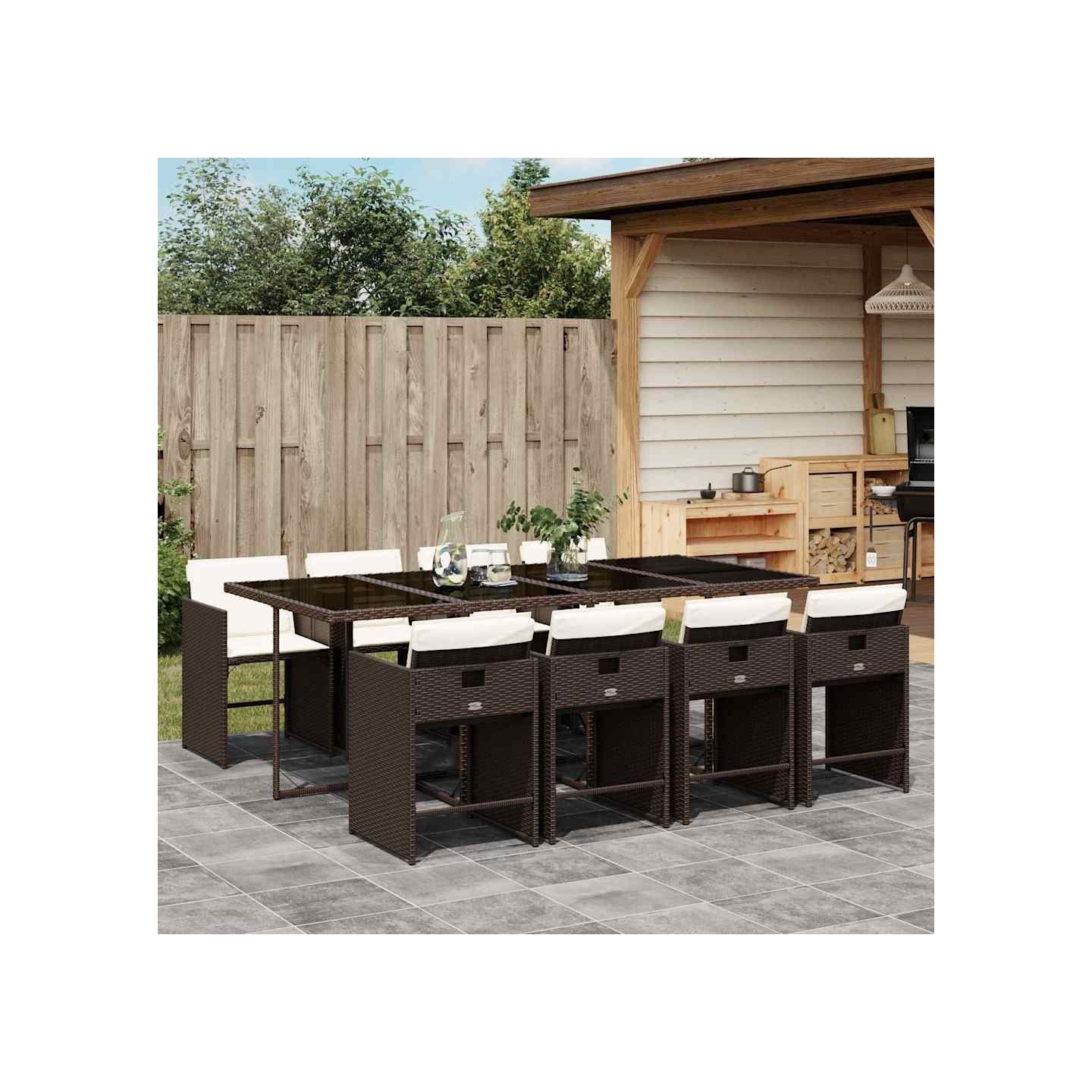 Ensemble à manger de jardin et coussins 9 pcs marron poly rotin
