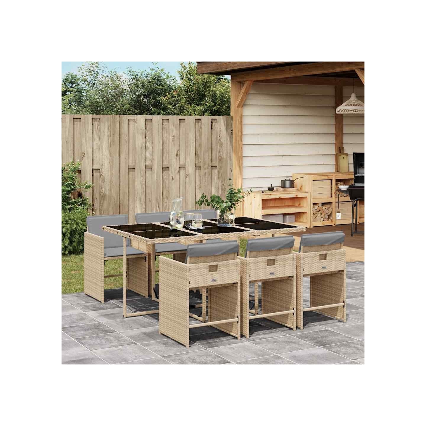 Ensemble à manger de jardin coussins 7 pcs mélange beige rotin