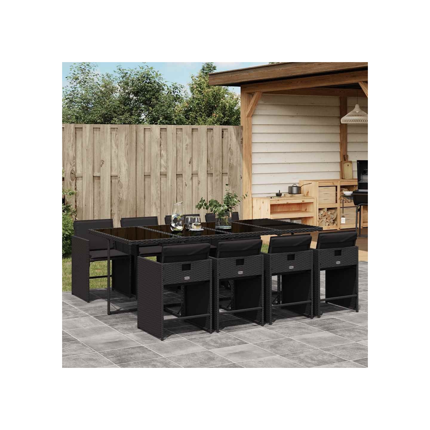 Ensemble à manger de jardin 9pcs coussins noir résine tressée