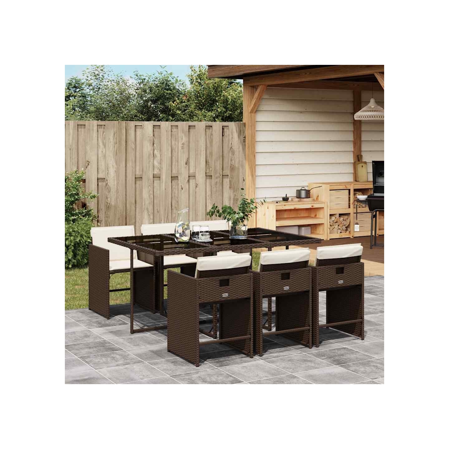 Ensemble à manger de jardin et coussins 7 pcs marron rotin
