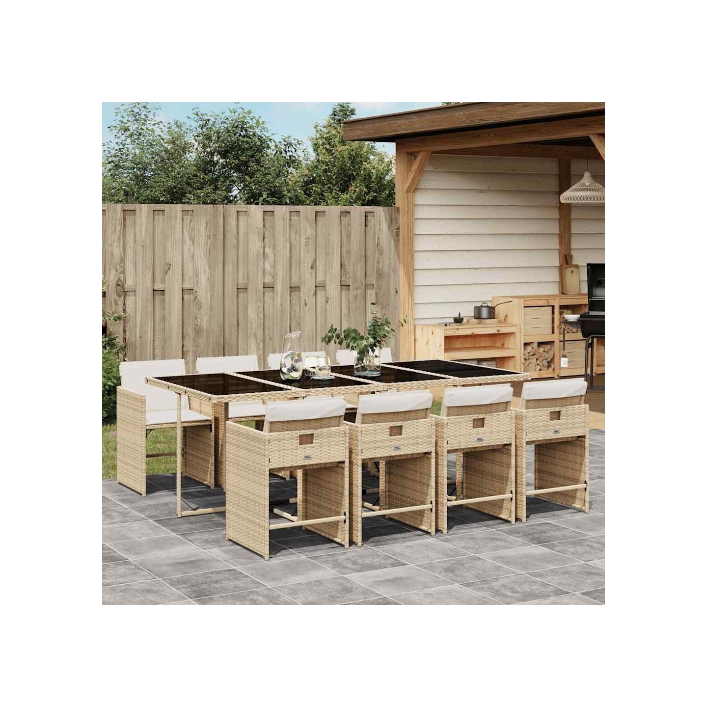Ensemble à manger de jardin et coussins 9 pcs beige Poly rotin