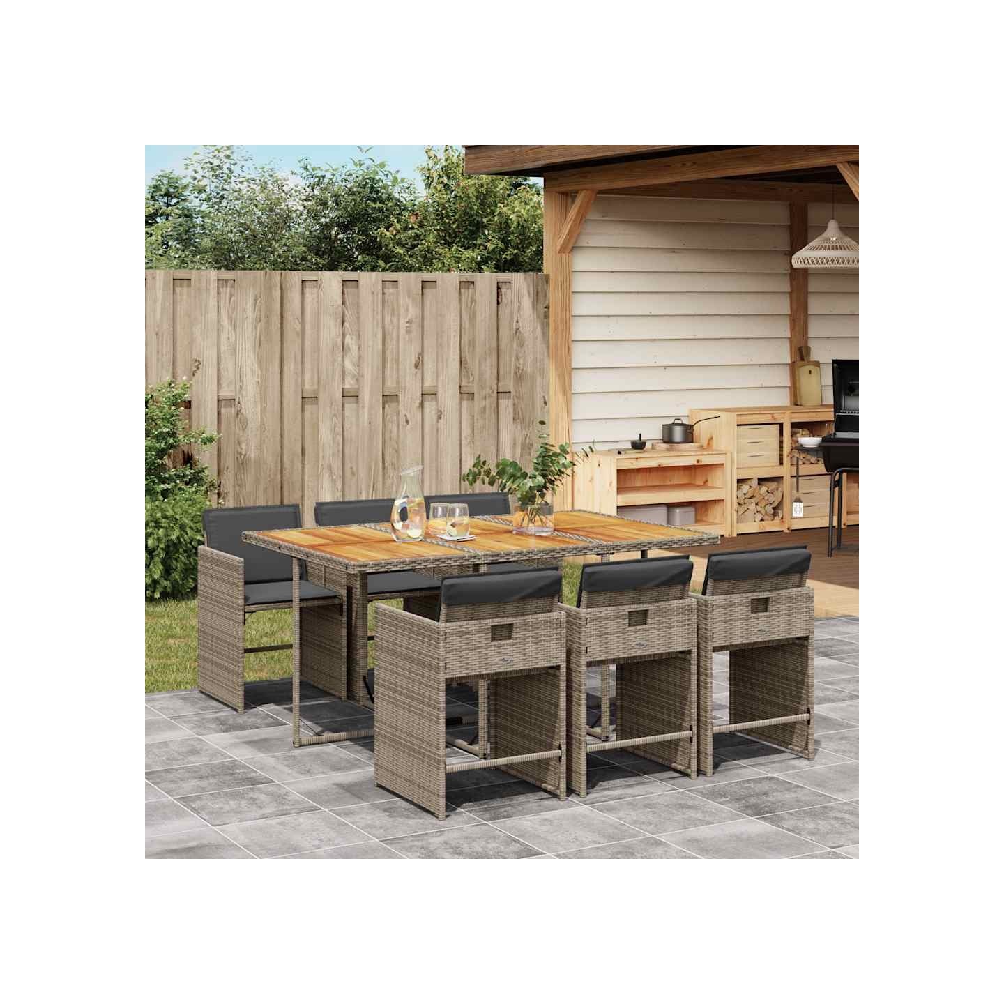 Ensemble à manger de jardin et coussins 7 pcs gris rotin