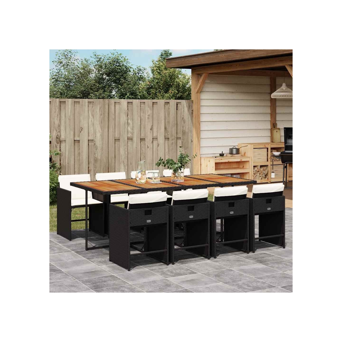 Ensemble à manger de jardin 9pcs coussins noir résine tressée