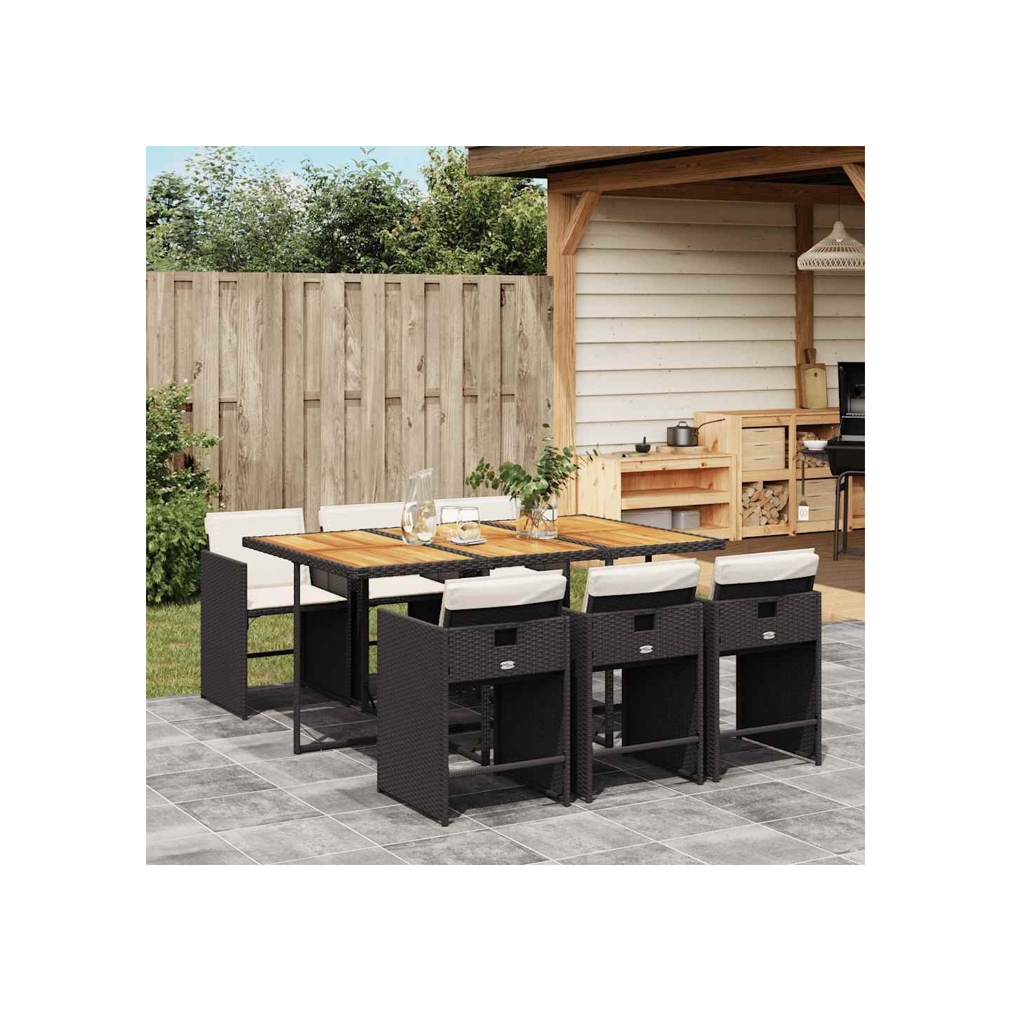Ensemble à manger de jardin coussins 7pcs Noir Résine tressée