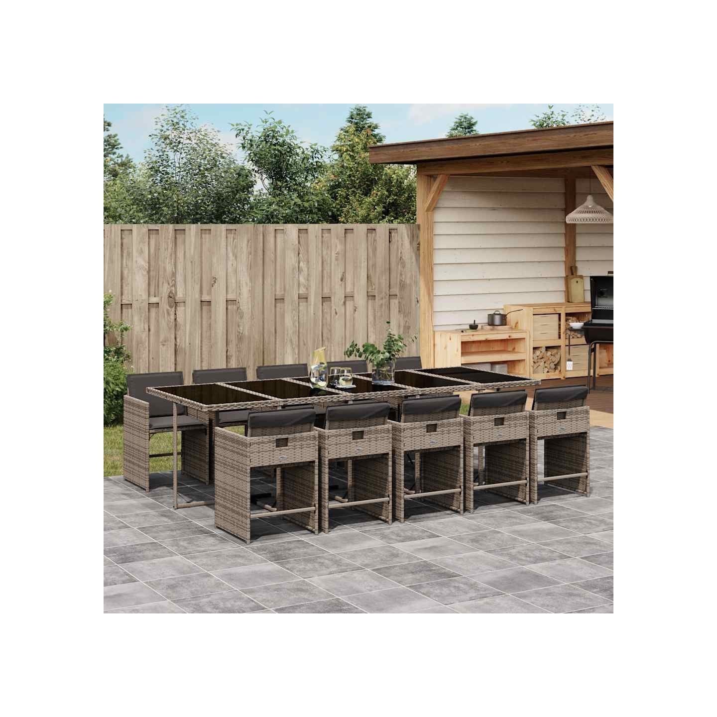 Ensemble à manger de jardin 11pcs avec coussins gris poly rotin