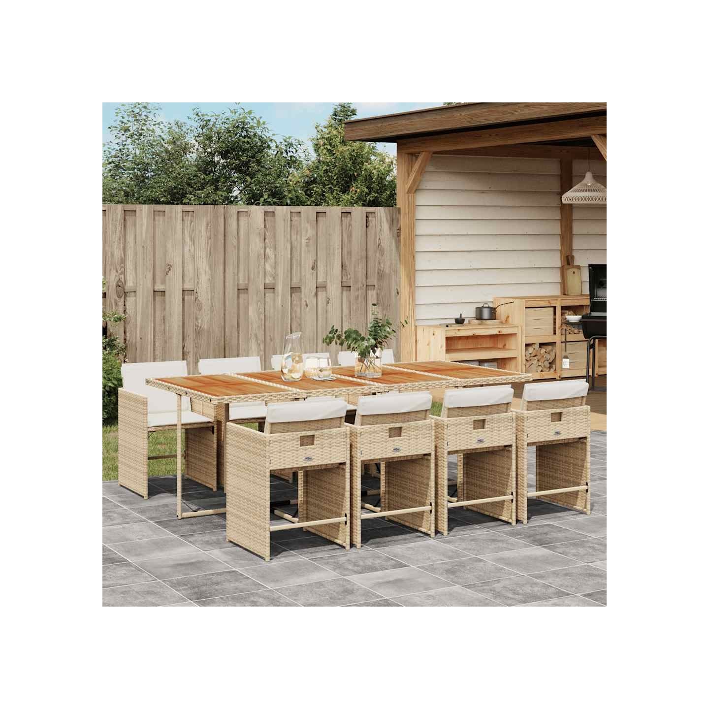 Ensemble à manger de jardin et coussins 9 pcs beige Poly rotin
