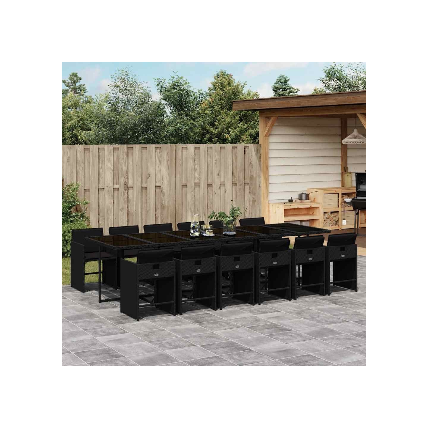 Ensemble à manger de jardin 13 pcs coussins noir résine tressée