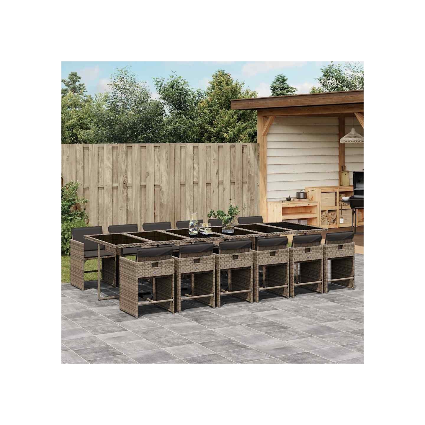 Ensemble à manger de jardin coussins 13 pcs gris résine tressée