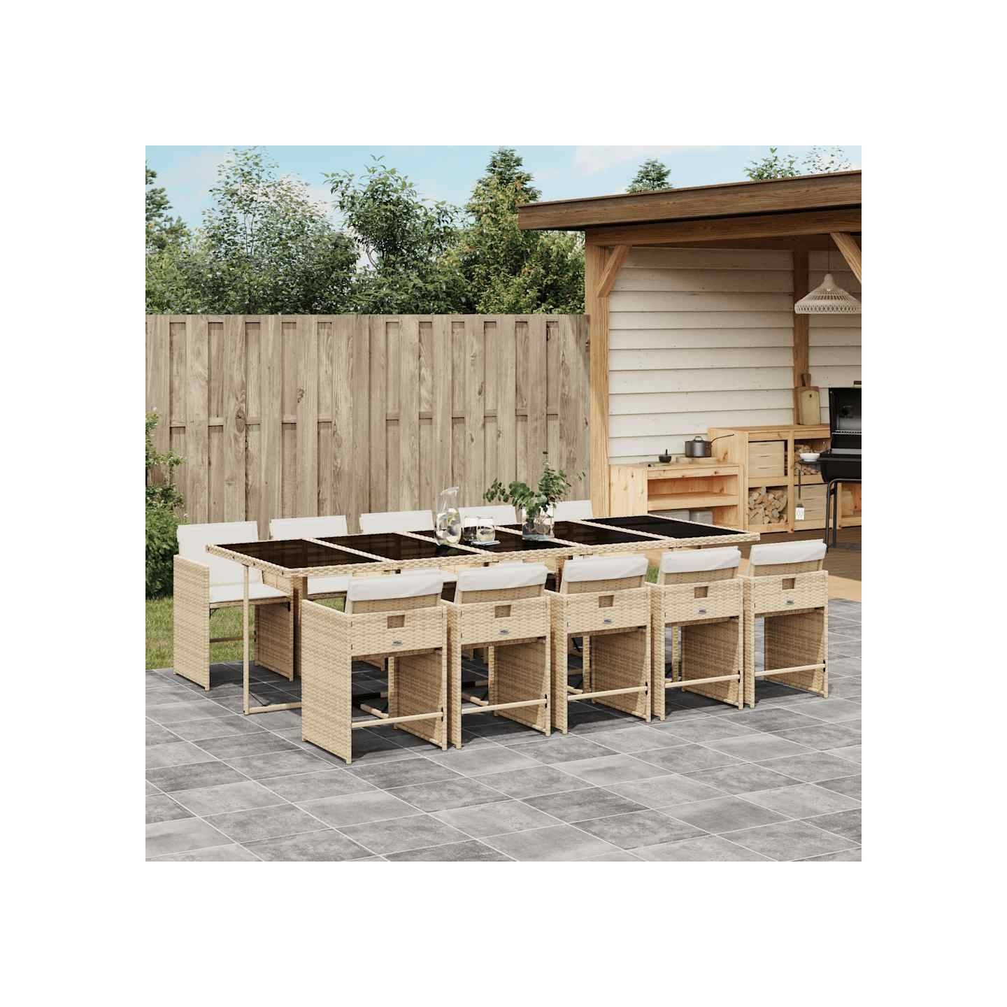 Ensemble à manger de jardin et coussins 11 pcs beige poly rotin