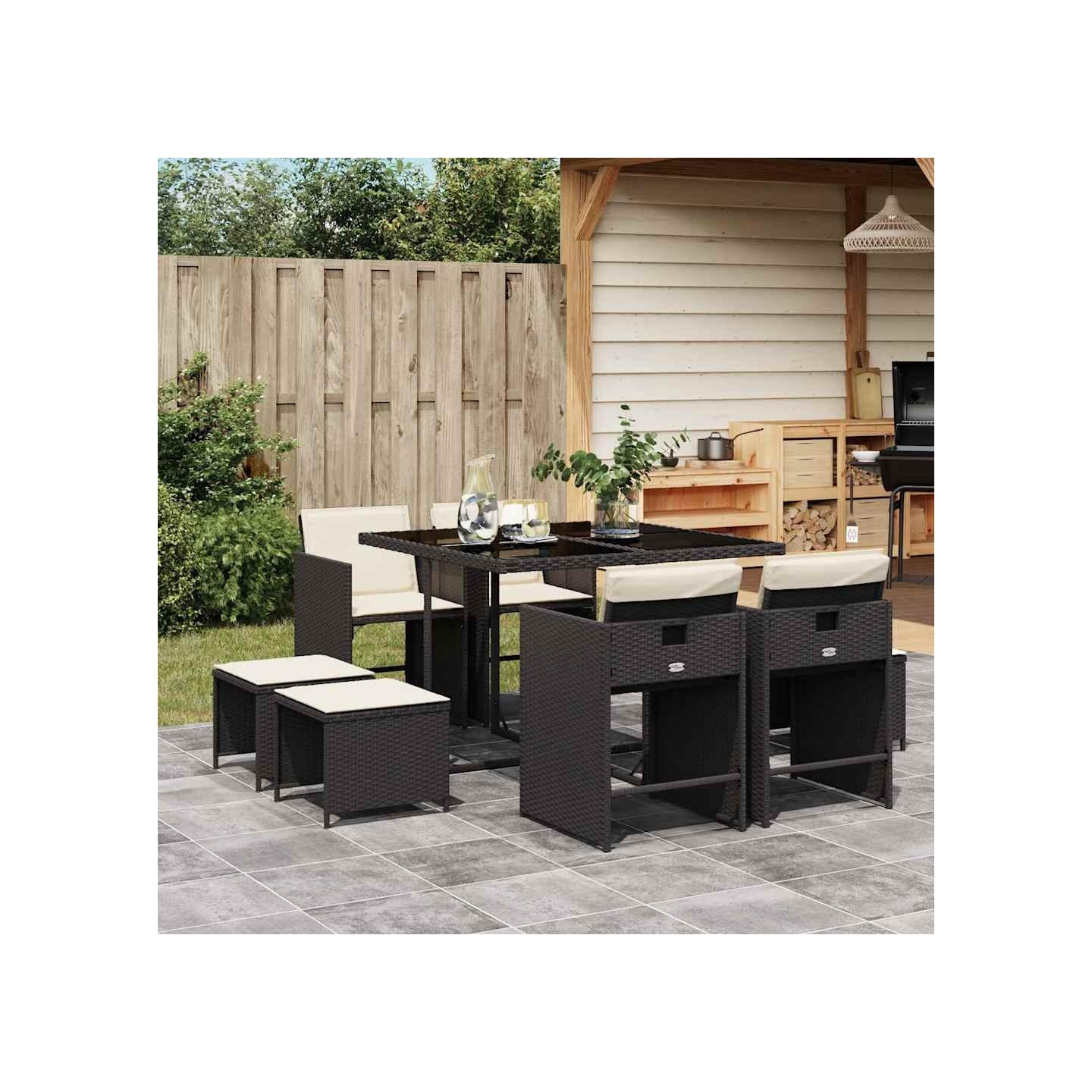 Ensemble à manger de jardin 9pcs coussins noir résine tressée