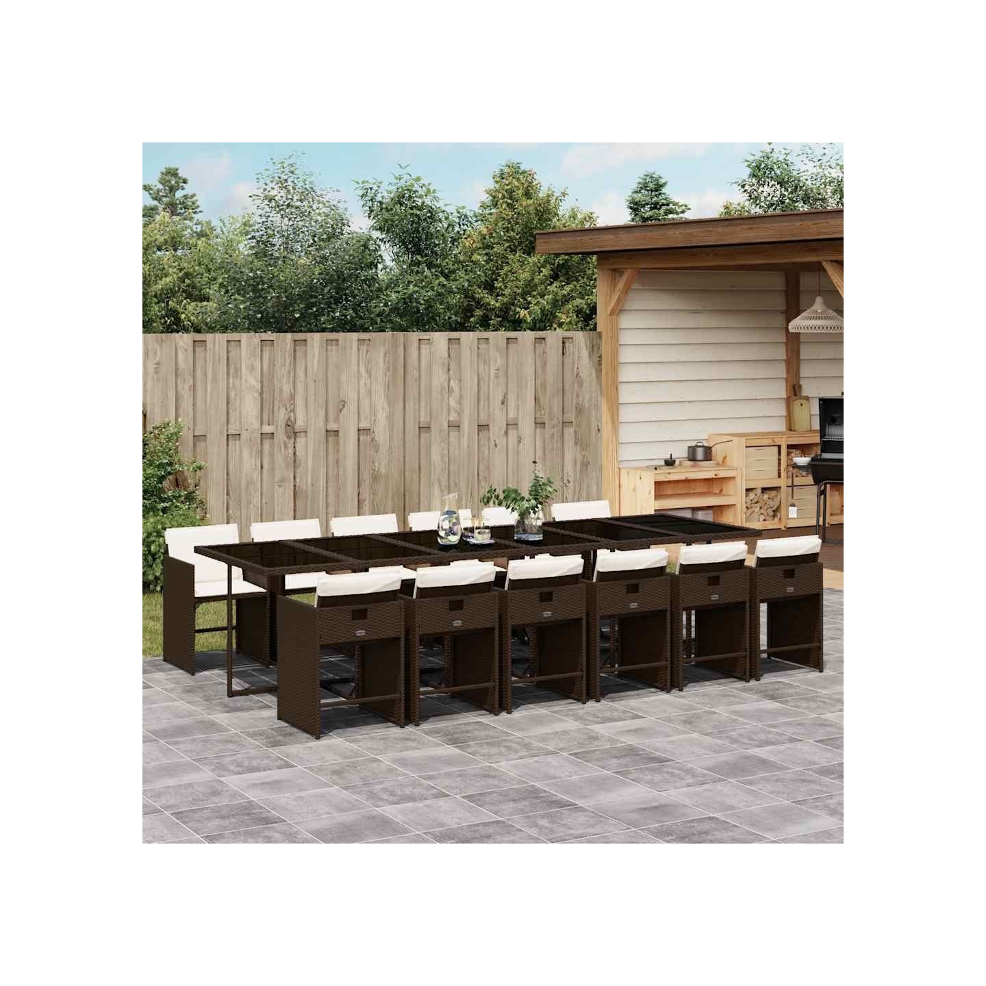 Ensemble à manger de jardin avec coussins 13 pcs marron rotin