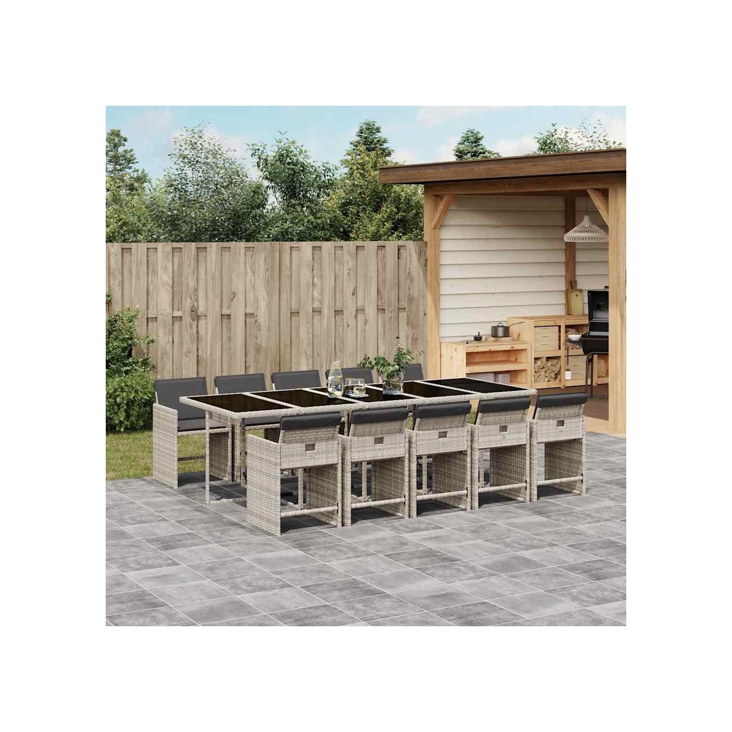 Ensemble à manger de jardin 11pcs avec coussins gris poly rotin